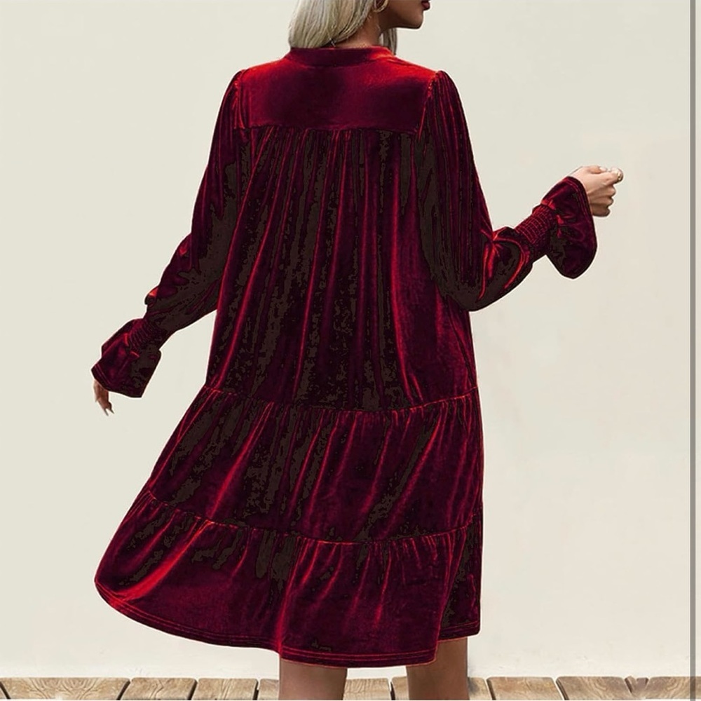 Burgundy velvet babydoll Christmas holiday dress - Picture 4 of 5